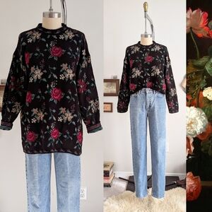 90s Black Floral Vintage Long Sleeve Tunic Sweater